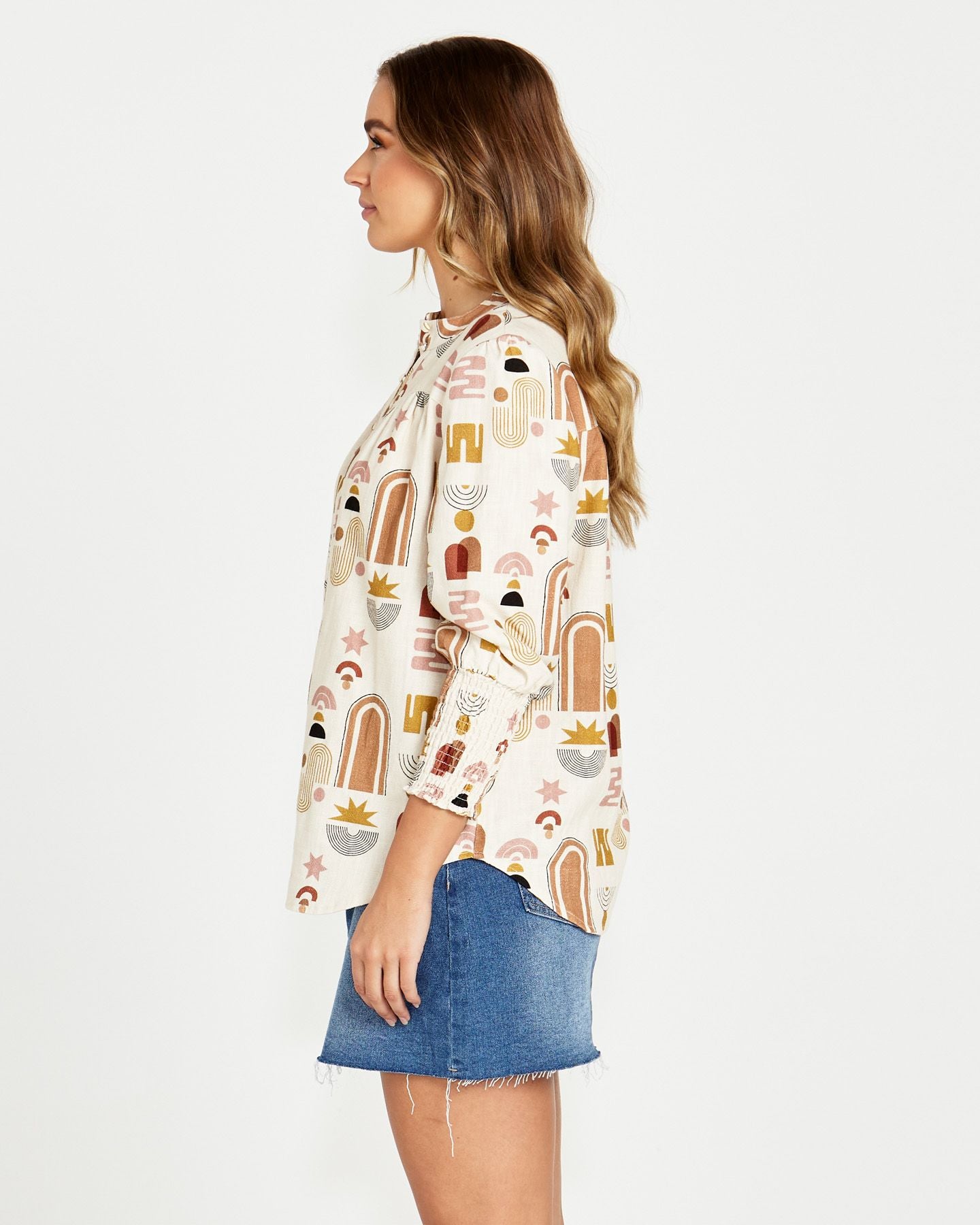 Roxy Shirred Cuff Blouse - Abstract Print