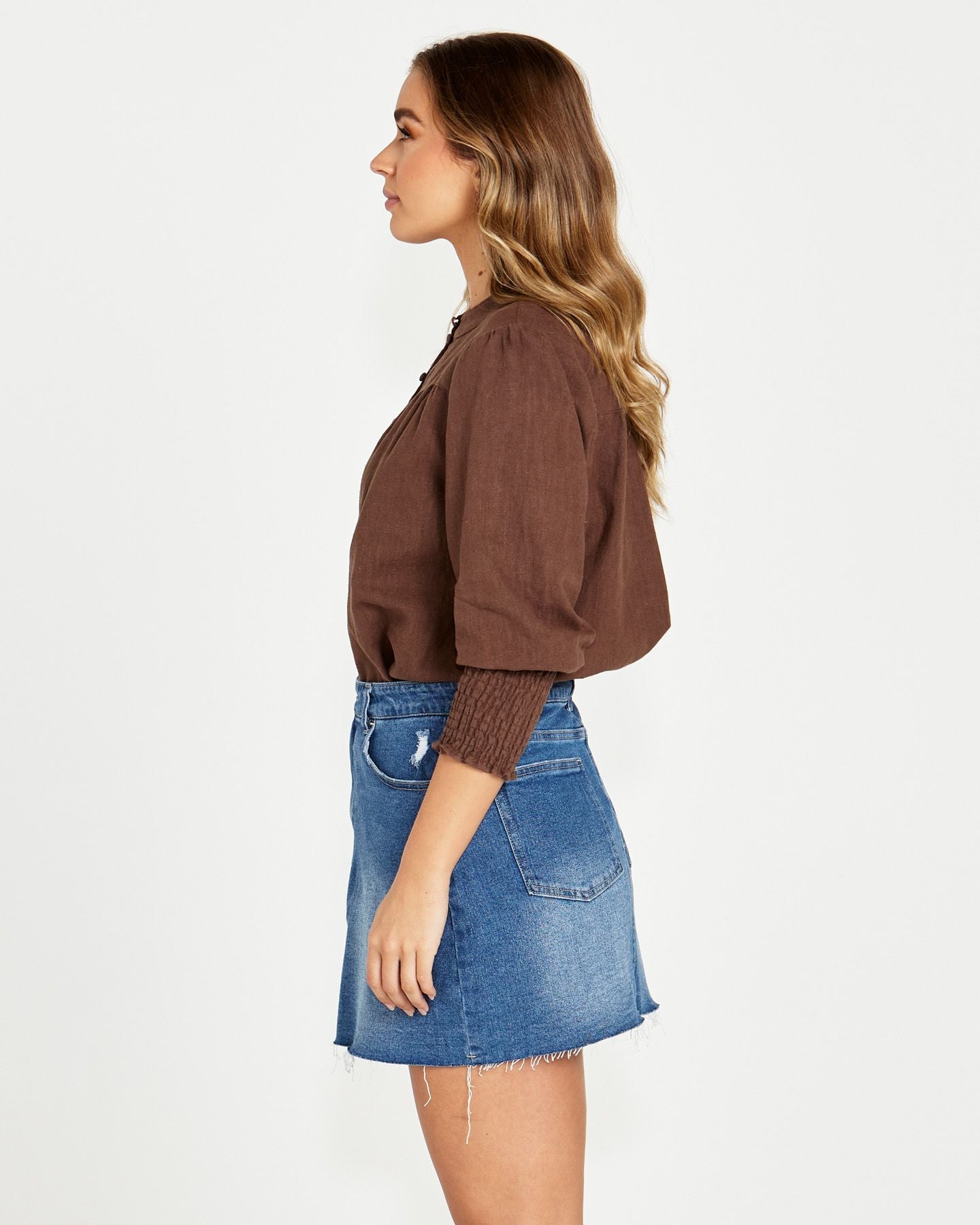 Roxy Shirred Cuff Blouse - Chocolate