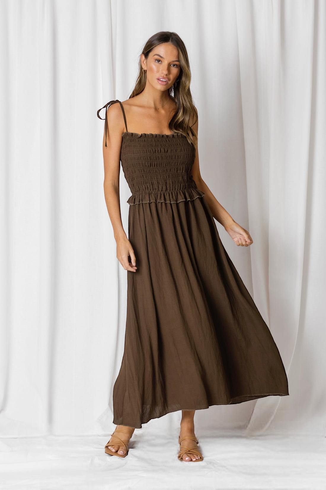 Astrid Shirred Midi Dress |Walnut Midi Dress|Beach Shakk Rainbow Beach