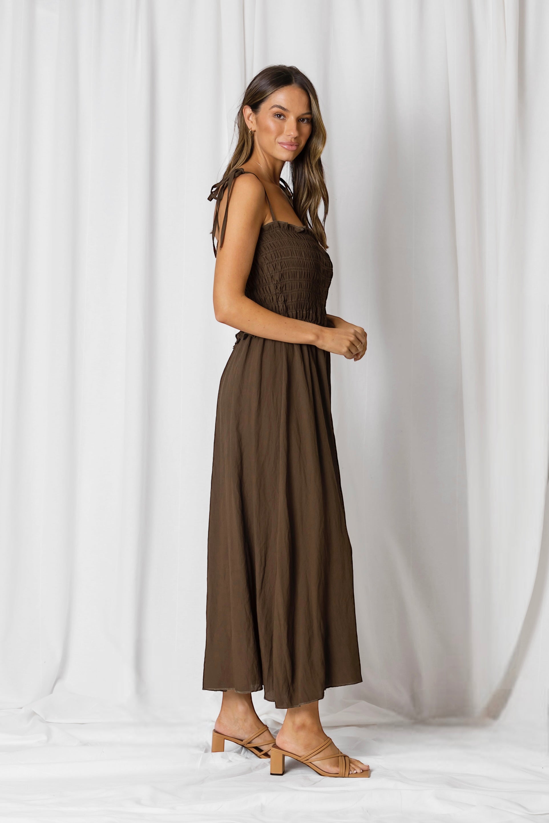 Astrid Shirred Midi Dress |Walnut Midi Dress|Beach Shakk Rainbow Beach