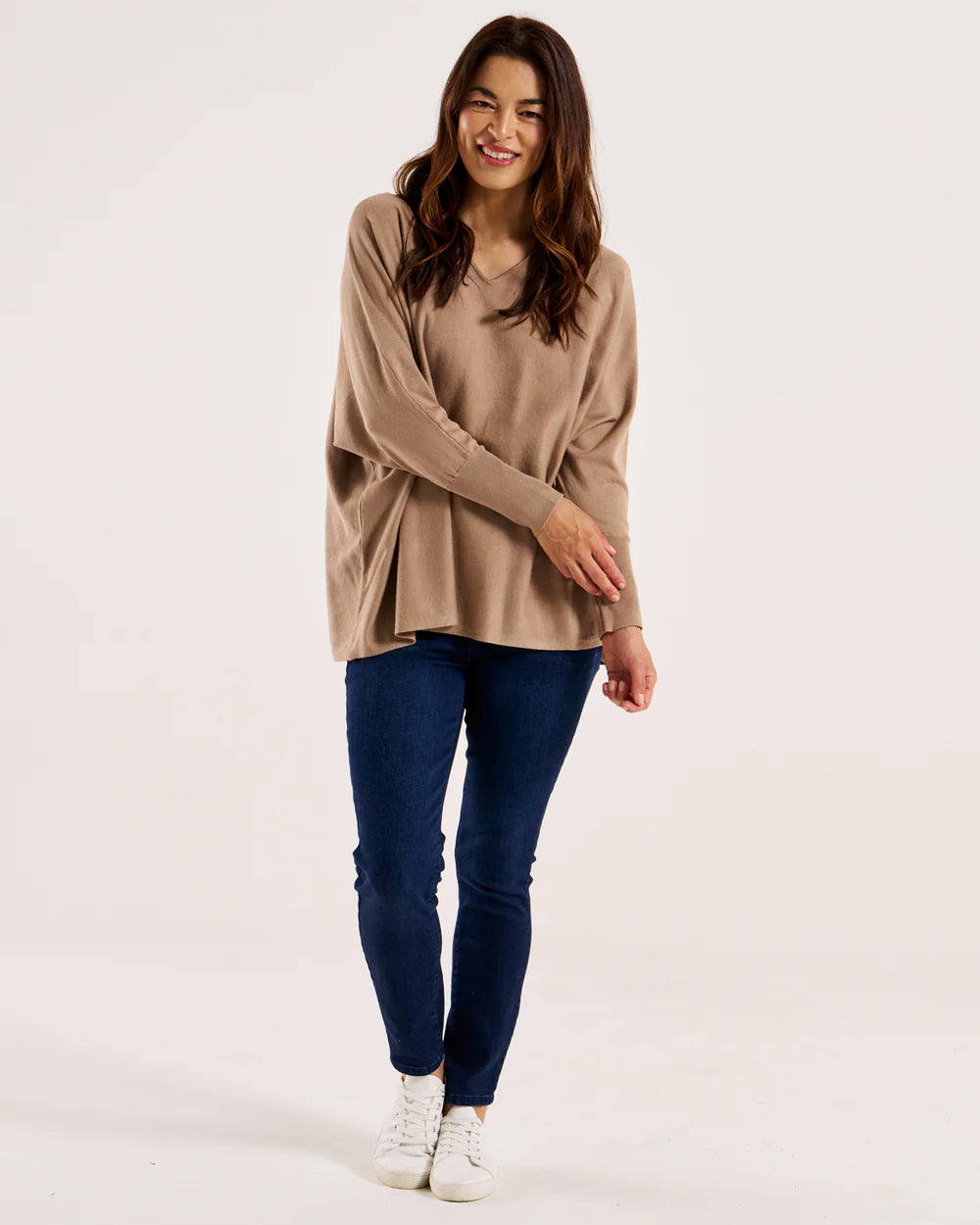 Destiny V-Neck Lightweight Knit Jumper - Latte