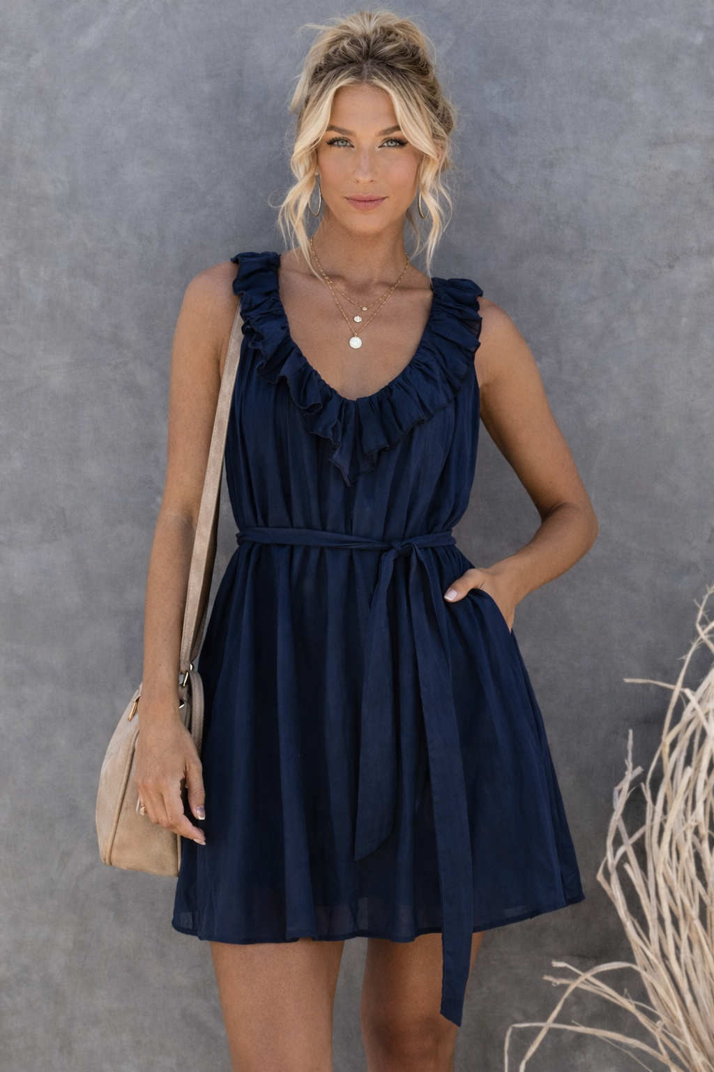 Belen Ruffled Neck Mini Dress - Navy