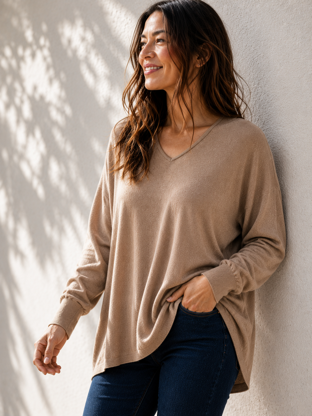 Destiny V-Neck Lightweight Knit Jumper - Latte