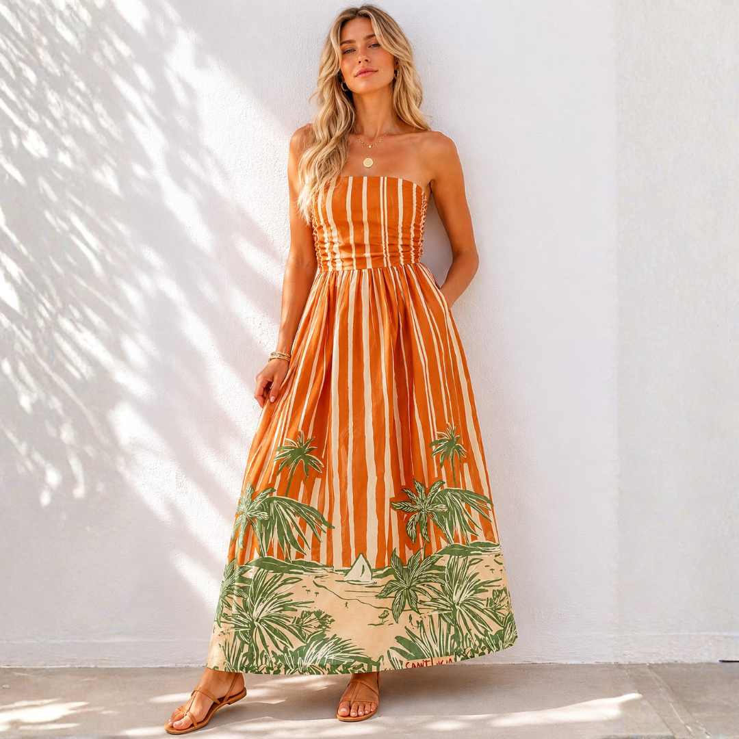 Mina Strapless Dress-Palm Stripe
