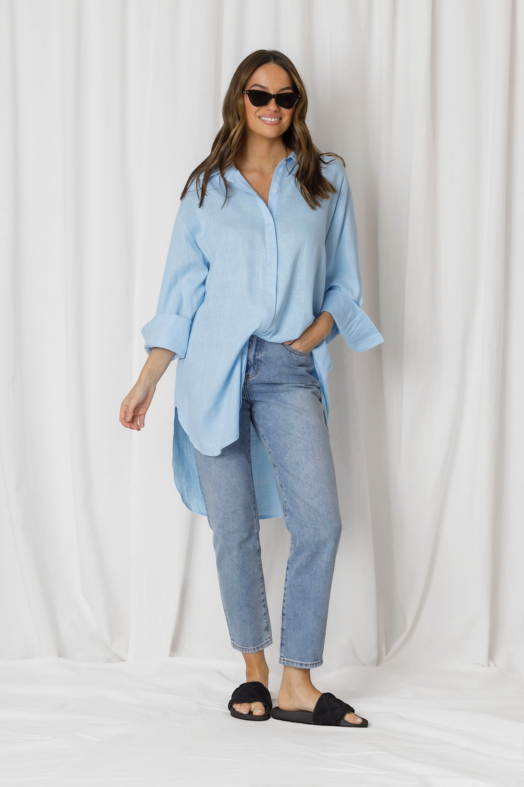 Nivara Essential Oversized Cuff Linen Shirt - Powder Blue