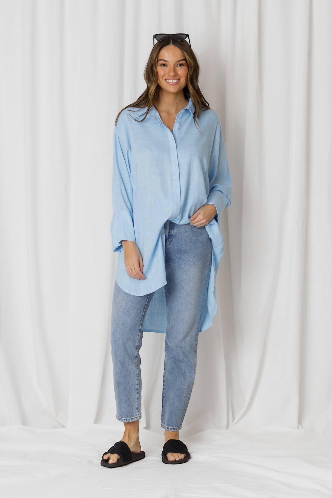 Nivara Essential Oversized Cuff Linen Shirt - Powder Blue