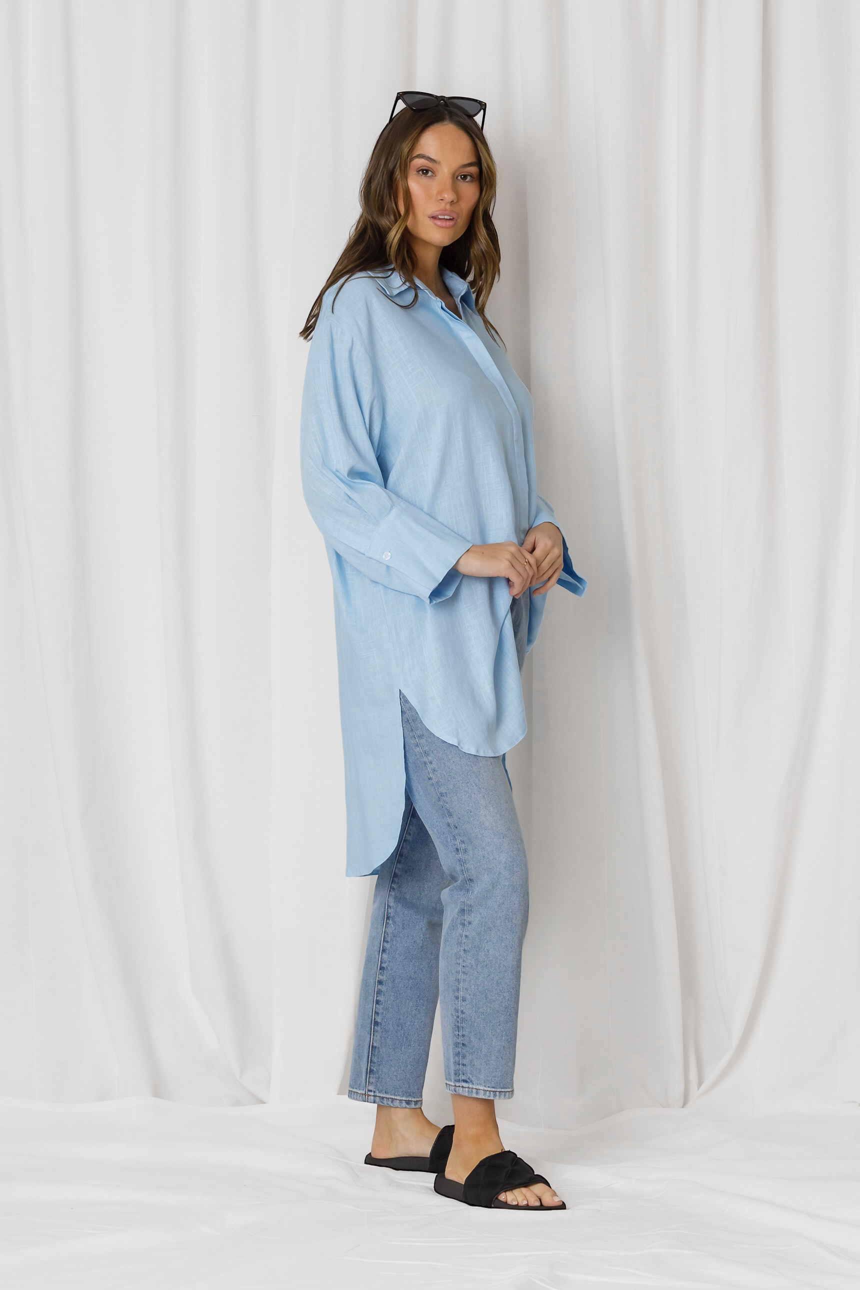 Nivara Essential Oversized Cuff Linen Shirt - Powder Blue