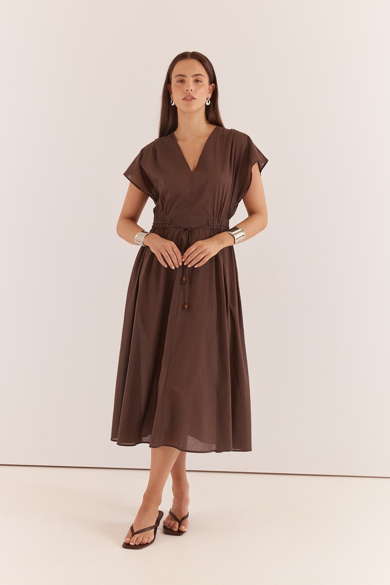 Nazalia Tie Waist Dress Chocolate | 100% Cotton Midi Dress