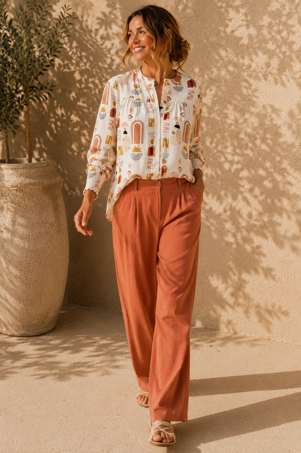 Roxy Shirred Cuff Blouse - Abstract Print