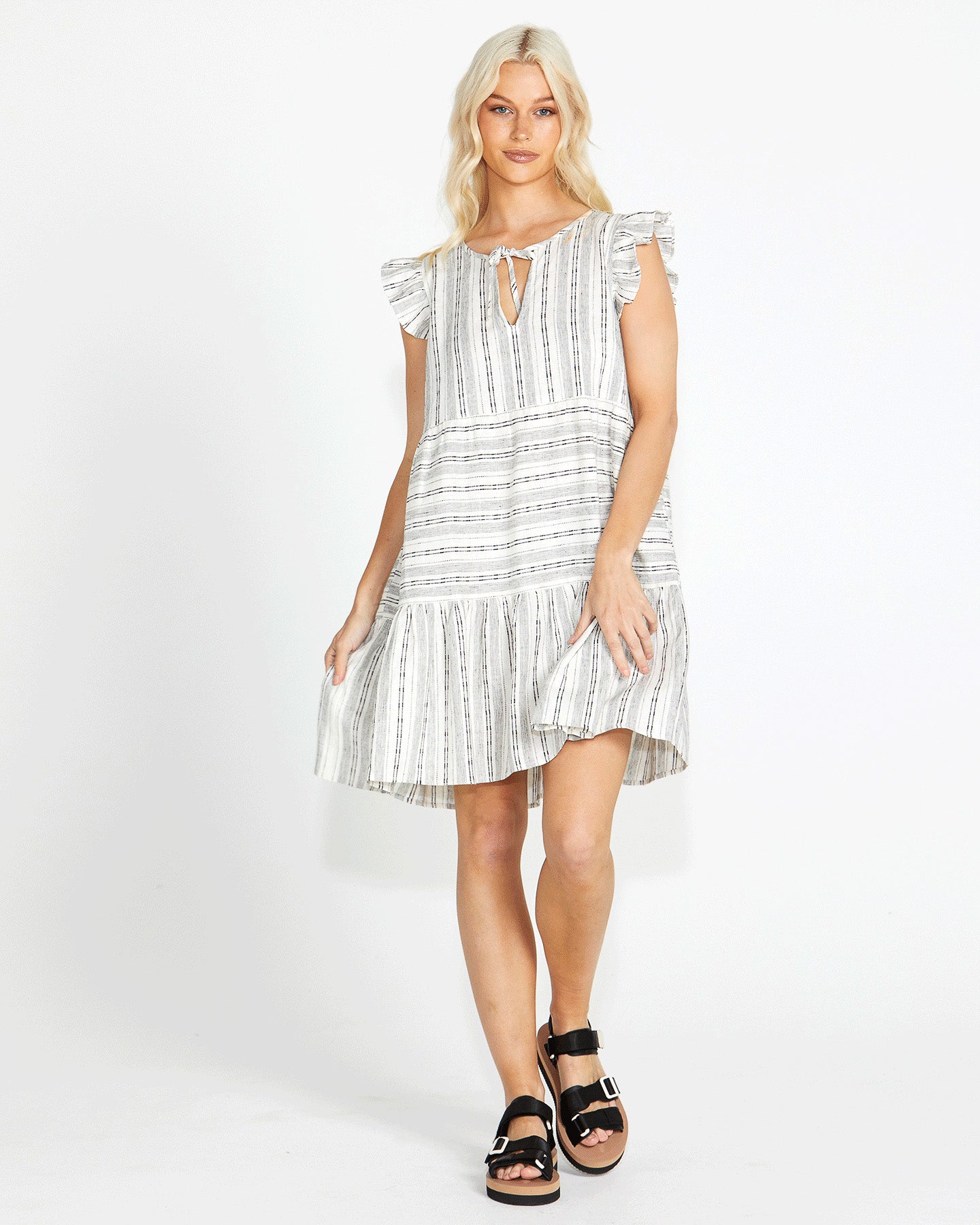 Riley Frill Mini Dress - Mono Stripe