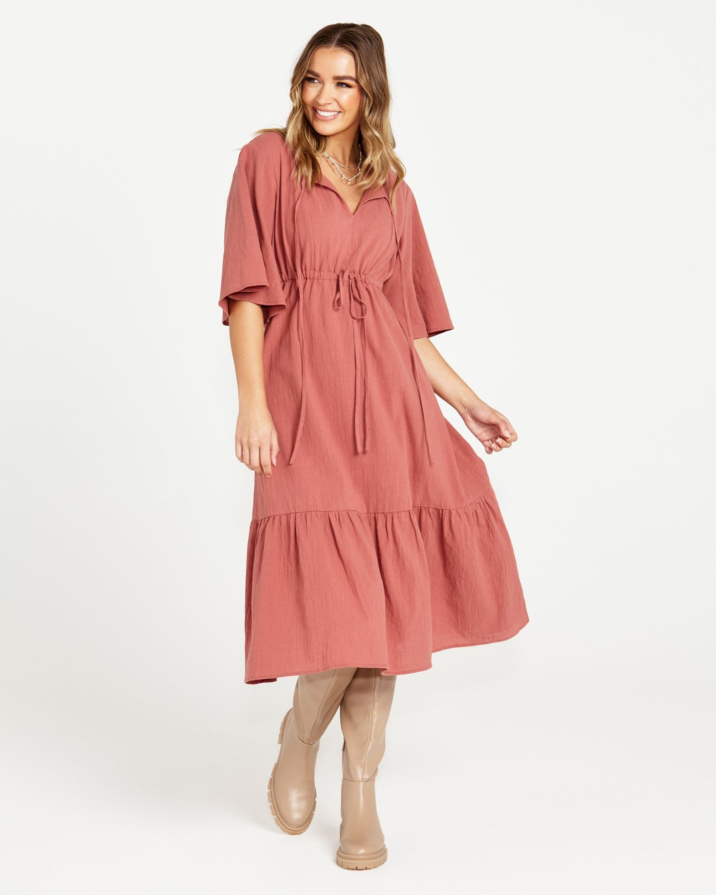 Sonya Midi Tiered Dress - Burnt Rose