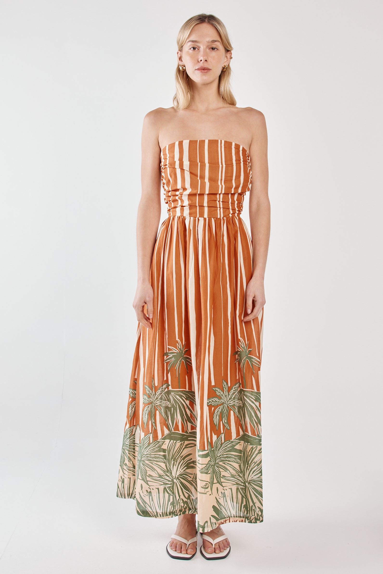 Mina Strapless Dress-Palm Stripe