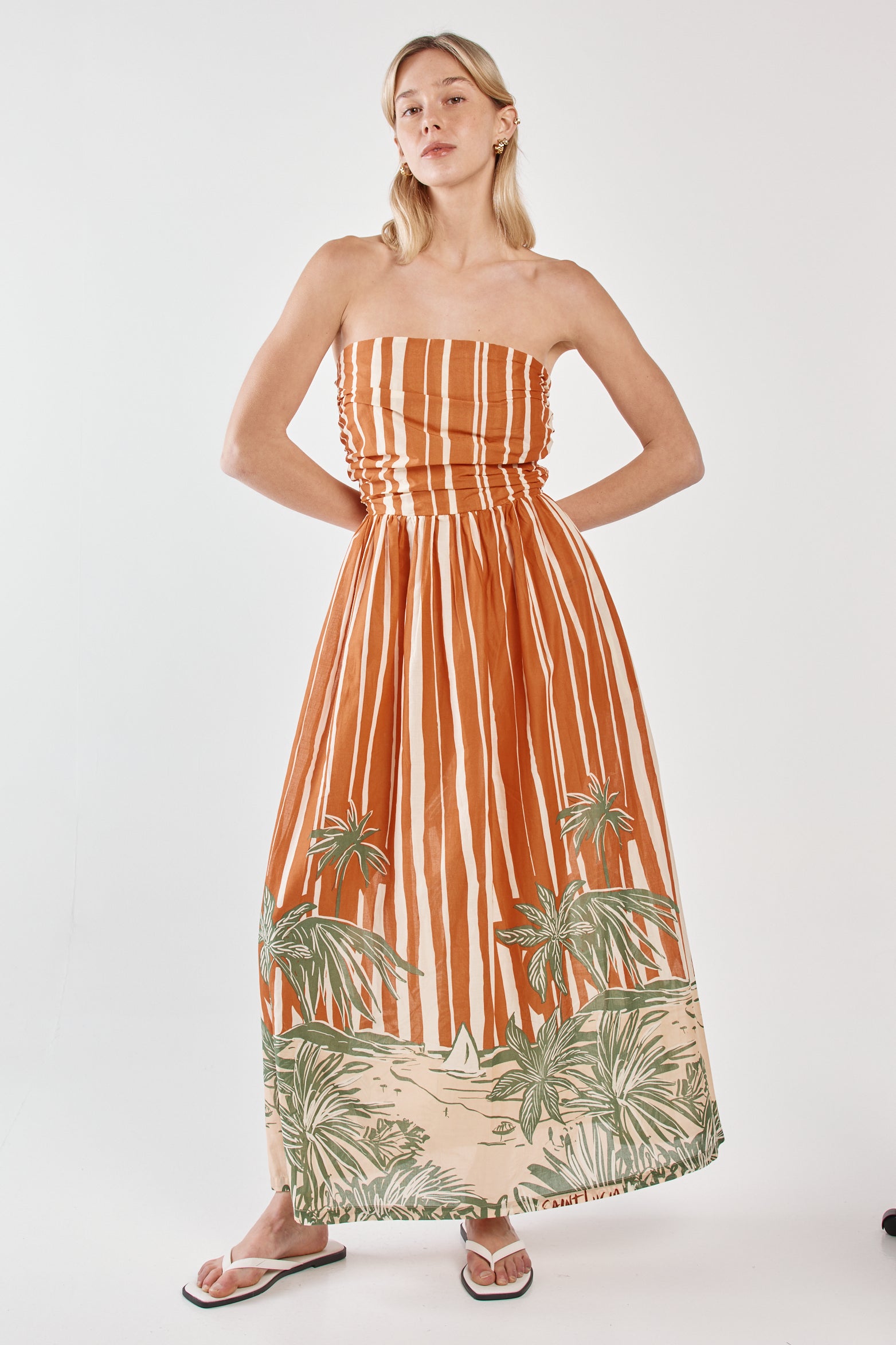 Mina Strapless Dress-Palm Stripe