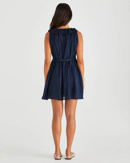 Belen Ruffled Neck Mini Dress - Navy