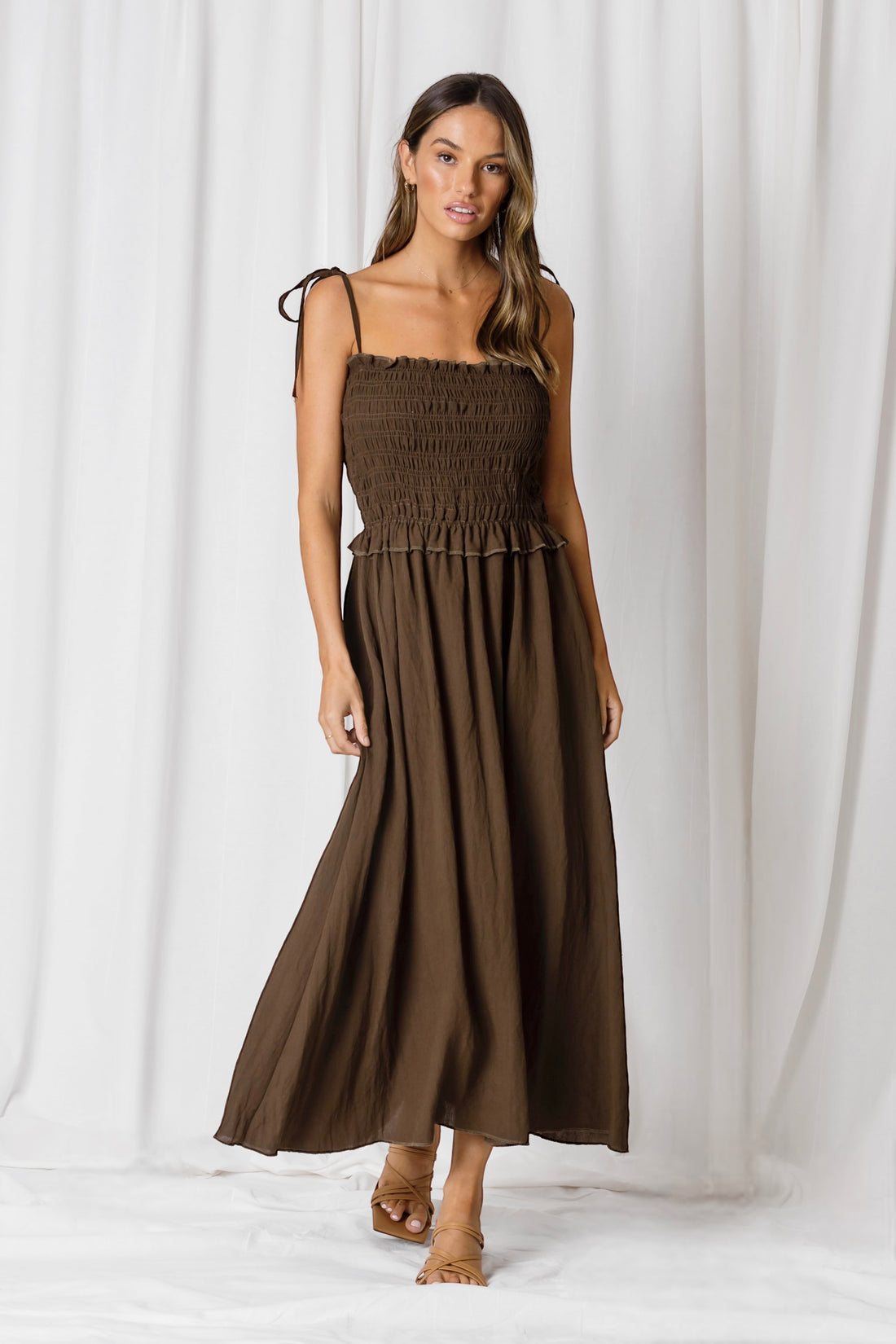 Astrid Shirred Midi Dress |Walnut Midi Dress|Beach Shakk Rainbow Beach