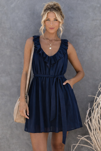 Belen Ruffled Neck Mini Dress - Navy