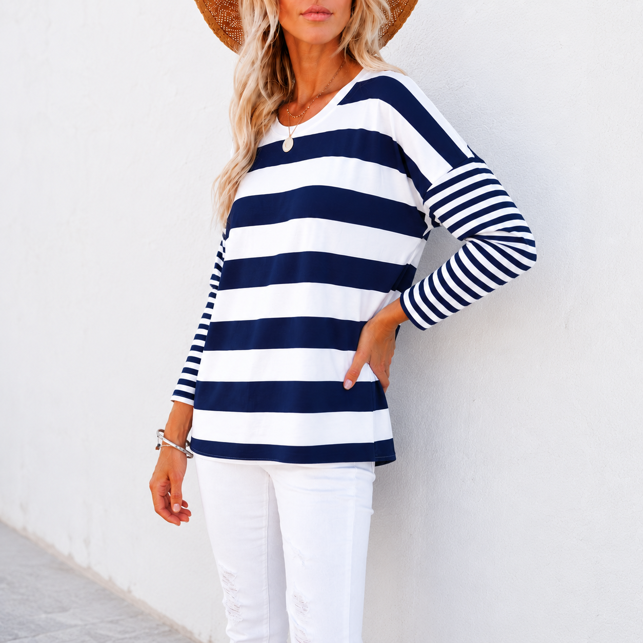 Betty Boxy Tee - Dark Blue Stripe