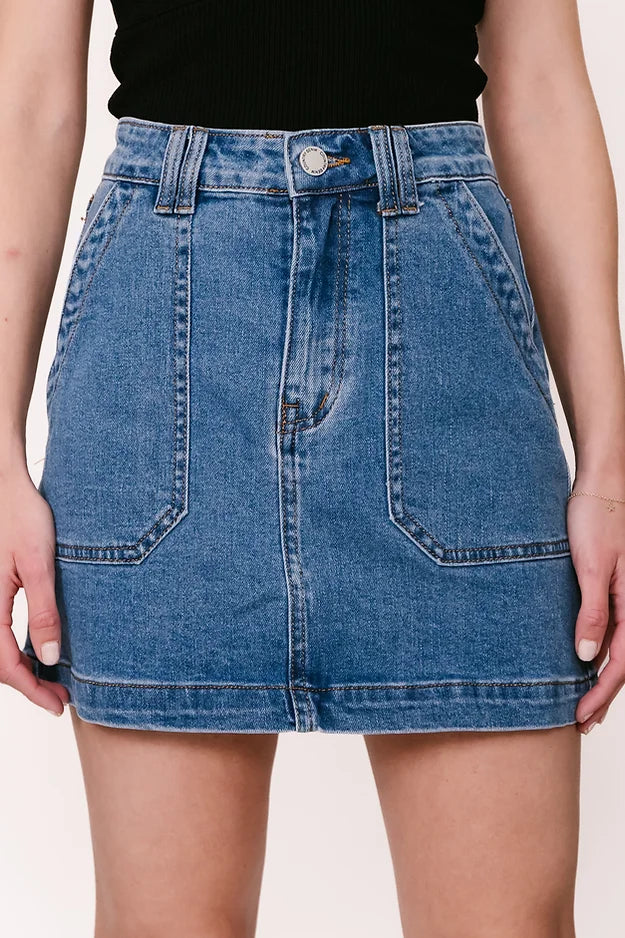 Patched Pocket Denim Skirt - Mid