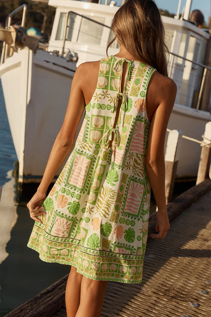Emmett Tie Back Shift Dress - Green Shell Print