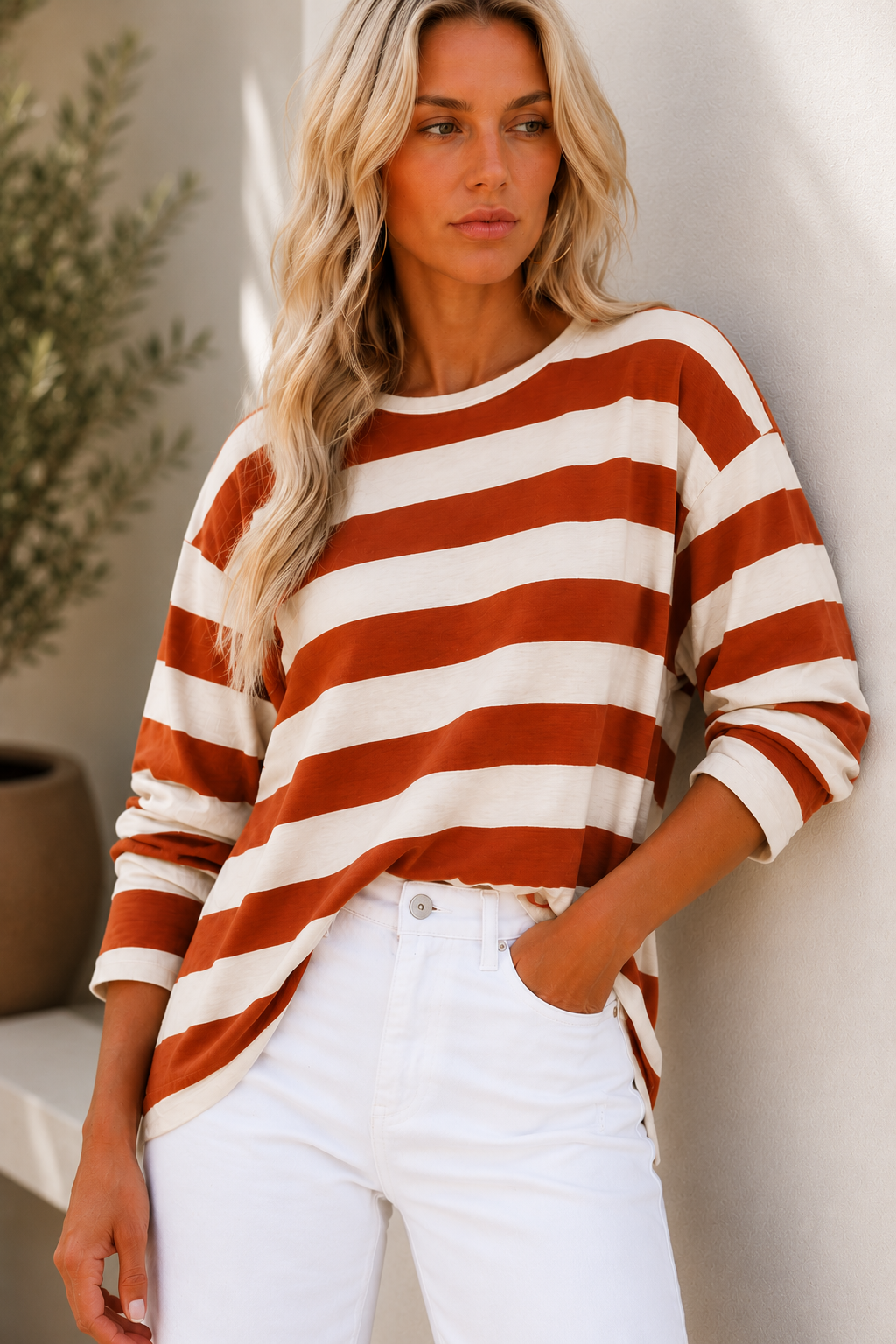 Jessie Long Sleeve Top - Terracotta Stripe