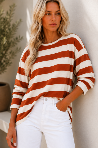 Jessie Long Sleeve Top - Terracotta Stripe