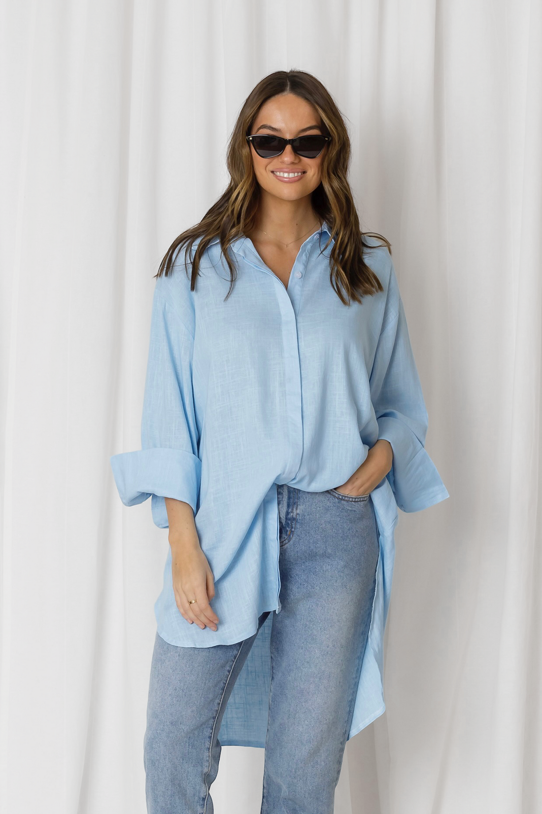 Nivara Essential Oversized Cuff Linen Shirt - Powder Blue