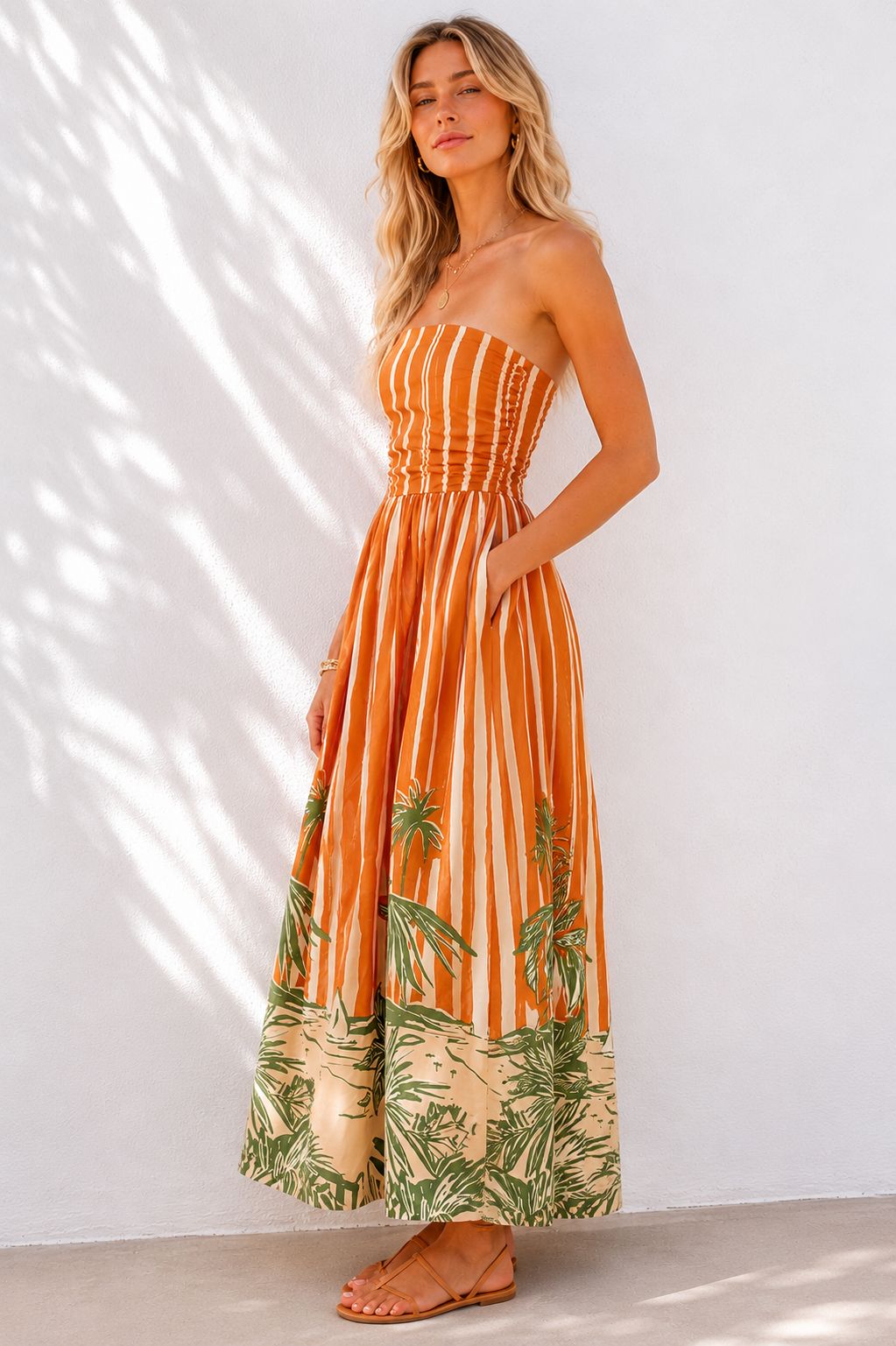 Mina Strapless Dress-Palm Stripe