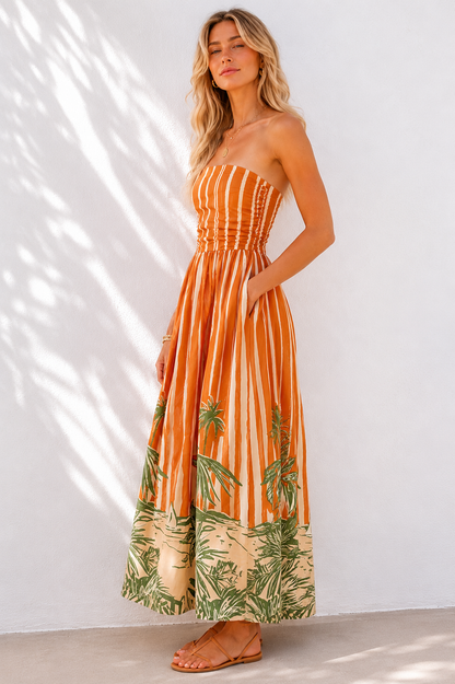 Mina Strapless Dress-Palm Stripe