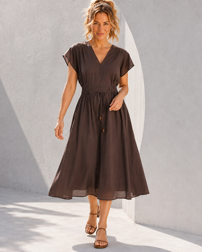 Nazalia Tie Waist Dress Chocolate | 100% Cotton Midi Dress