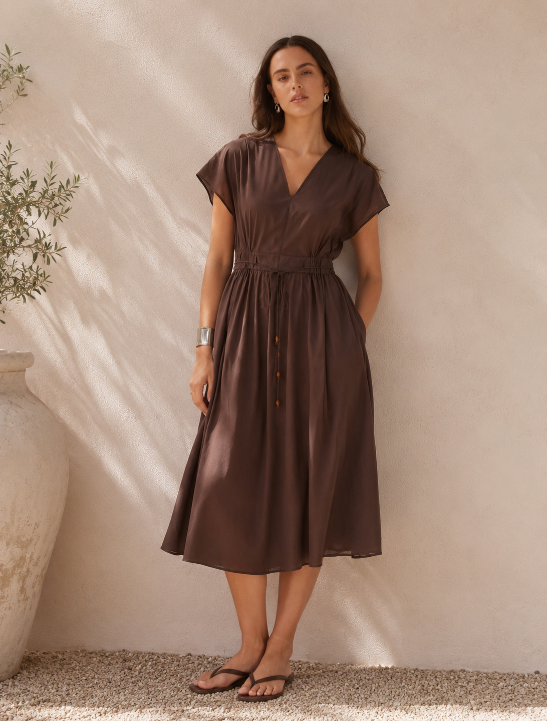 Nazalia Tie Waist Dress Chocolate | 100% Cotton Midi Dress