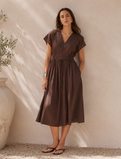 Nazalia Tie Waist Dress Chocolate | 100% Cotton Midi Dress