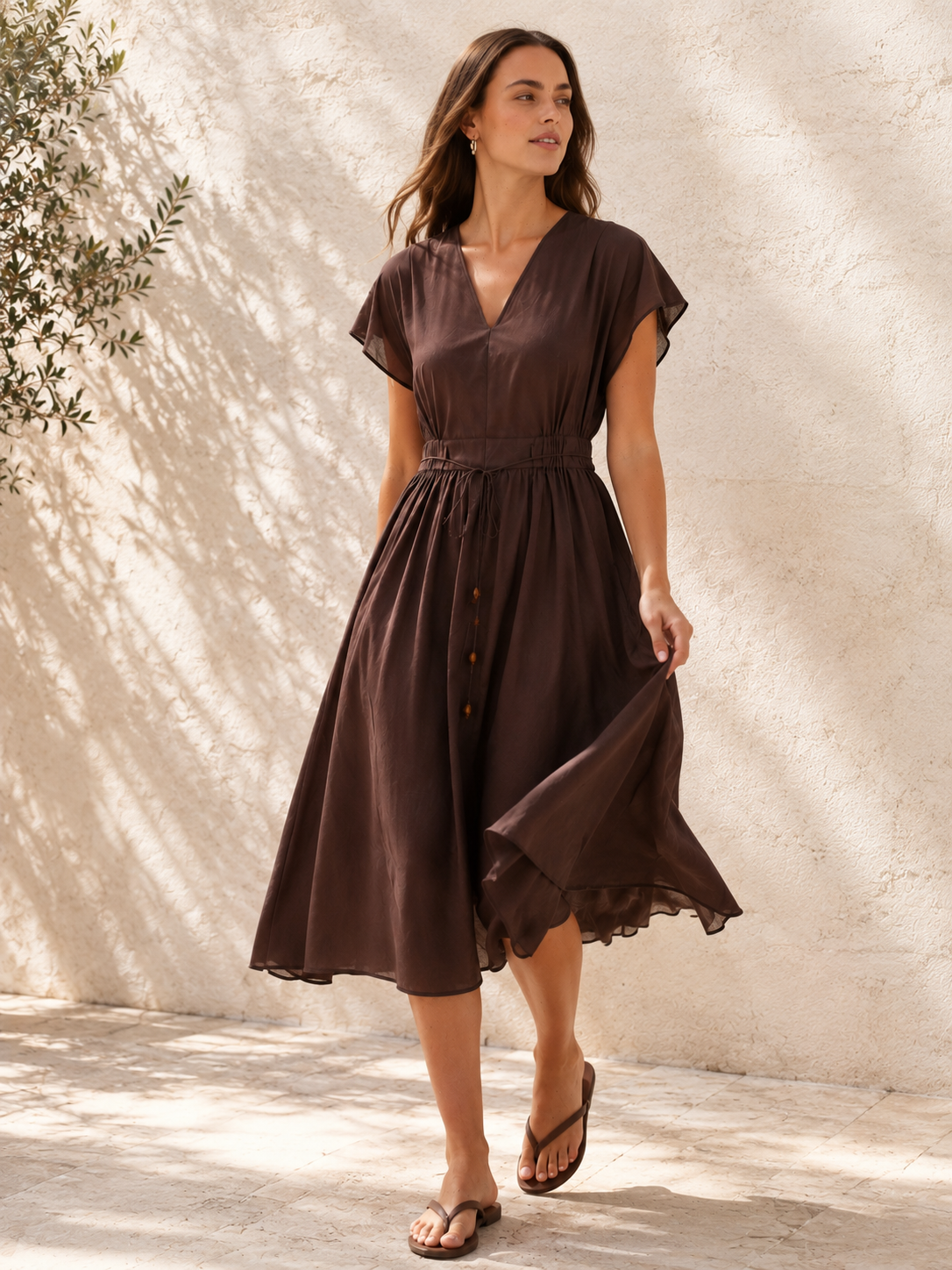 Nazalia Tie Waist Dress Chocolate | 100% Cotton Midi Dress