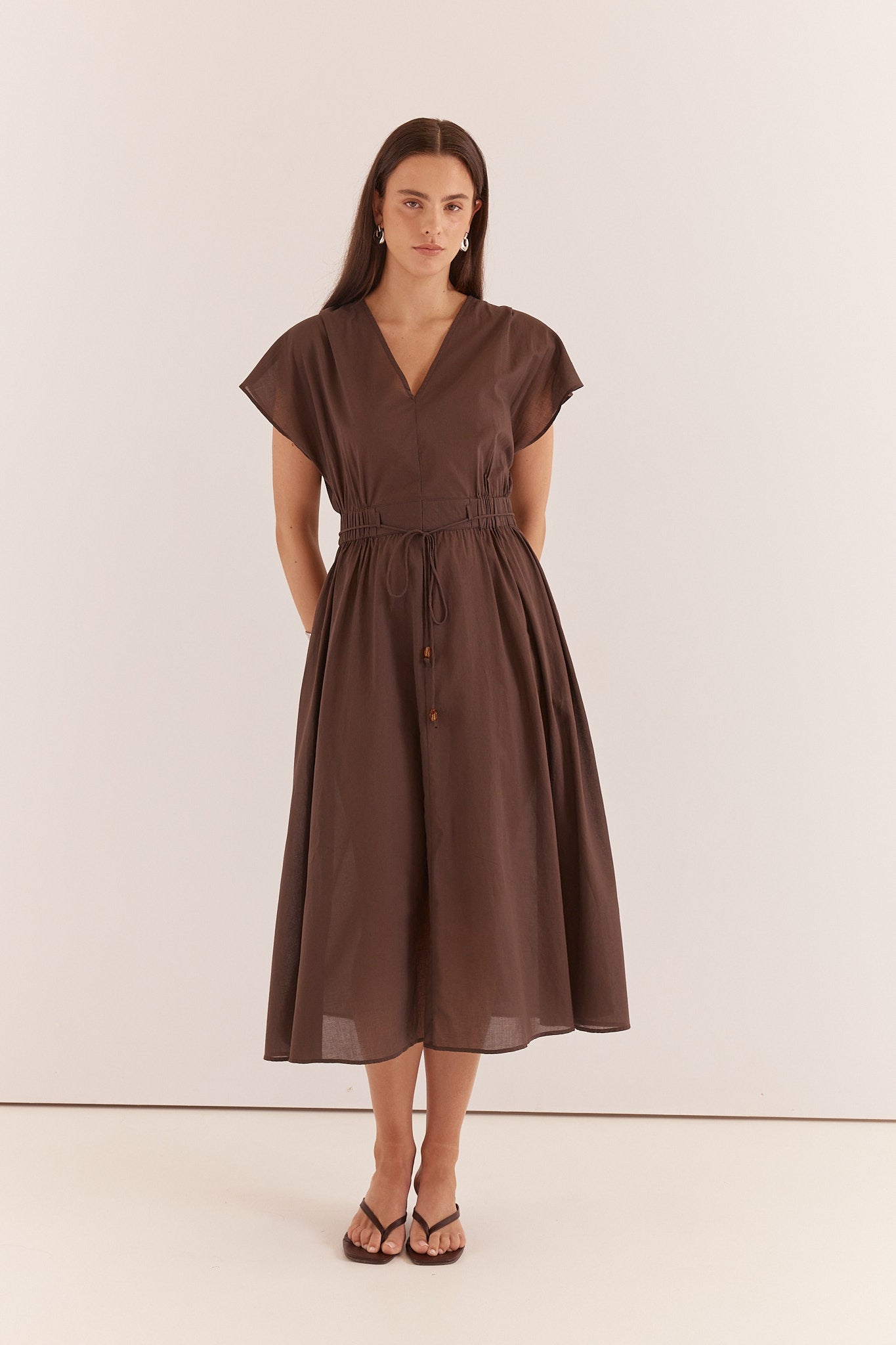 Nazalia Tie Waist Dress Chocolate | 100% Cotton Midi Dress