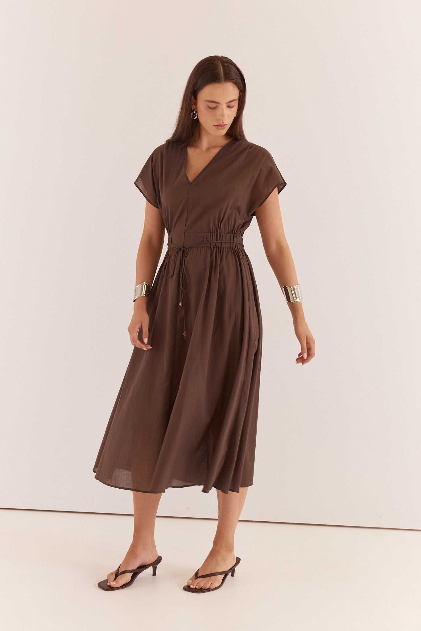 Nazalia Tie Waist Dress Chocolate | 100% Cotton Midi Dress