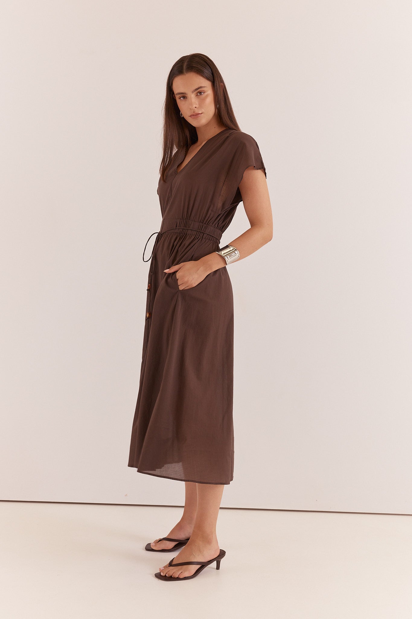 Nazalia Tie Waist Dress Chocolate | 100% Cotton Midi Dress
