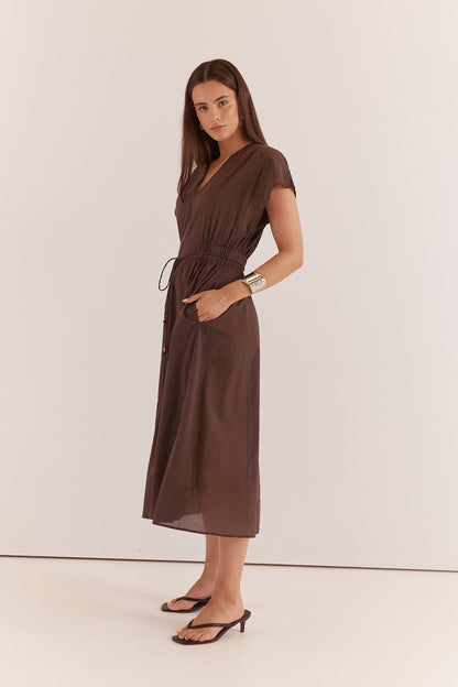 Nazalia Tie Waist Dress Chocolate | 100% Cotton Midi Dress