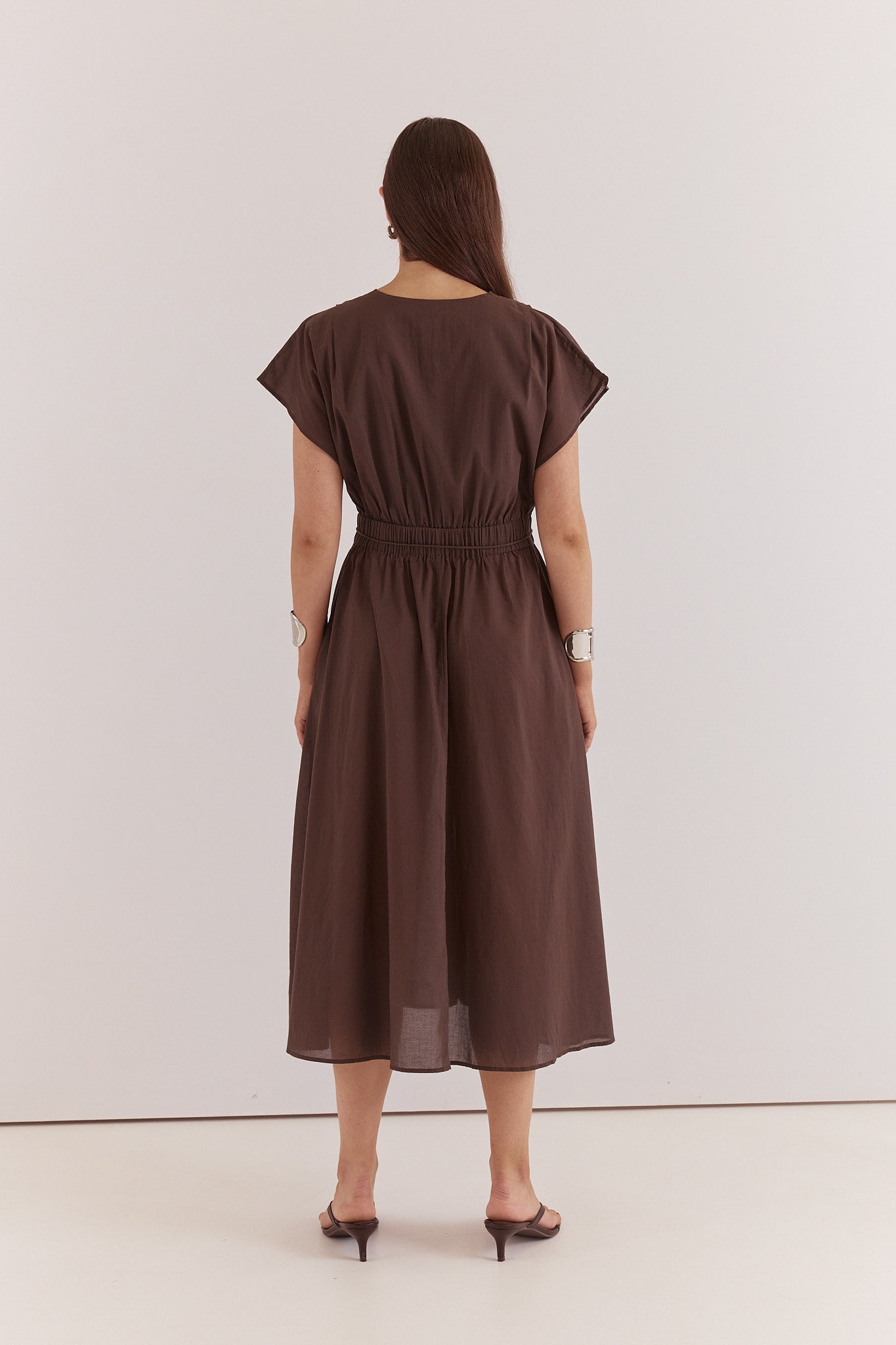 Nazalia Tie Waist Dress Chocolate | 100% Cotton Midi Dress