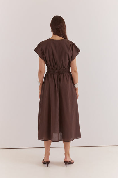 Nazalia Tie Waist Dress Chocolate | 100% Cotton Midi Dress