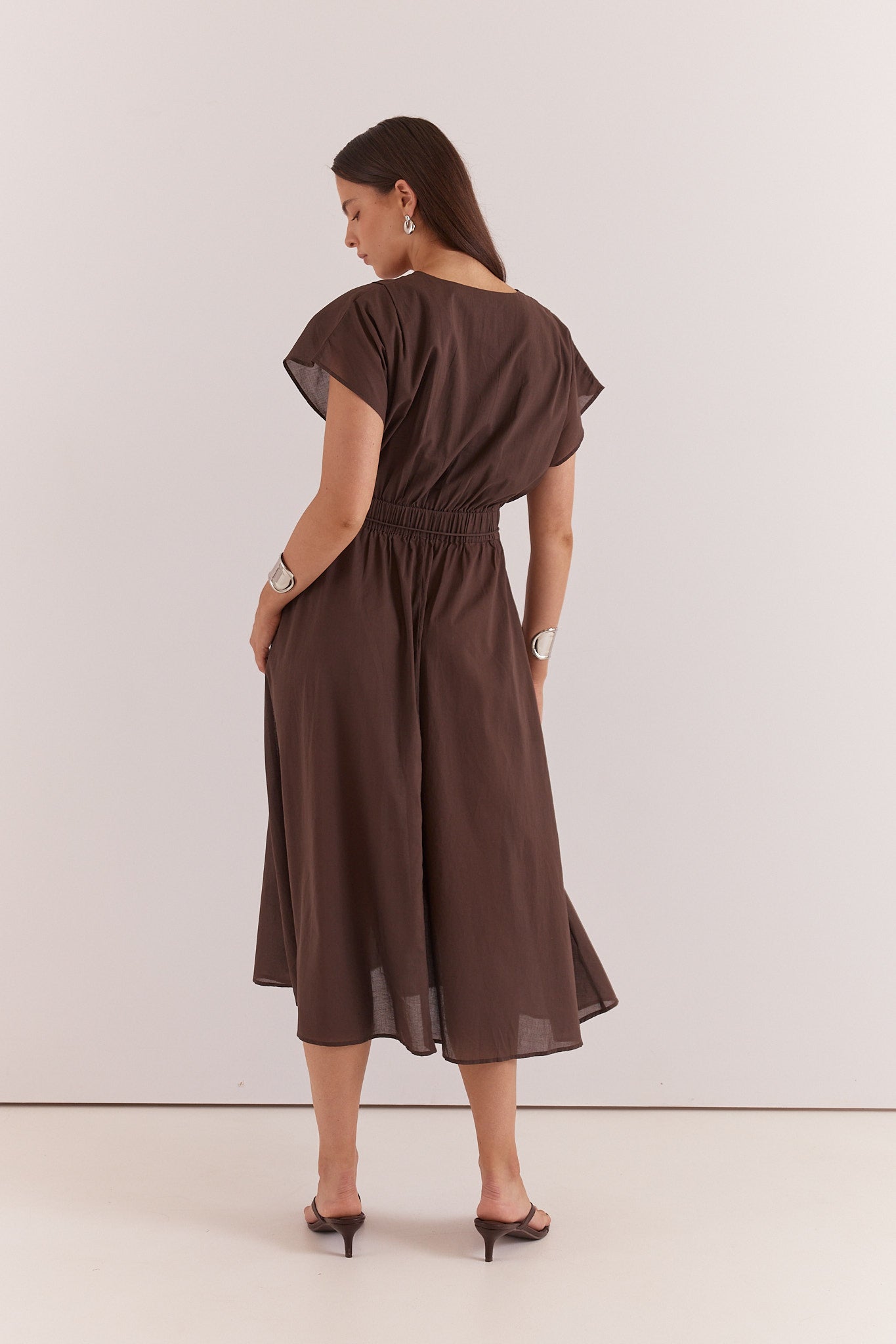 Nazalia Tie Waist Dress Chocolate | 100% Cotton Midi Dress
