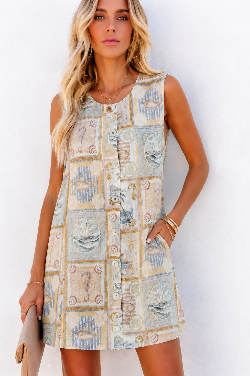 Reo Button Shift Dress - Wayfarer Print