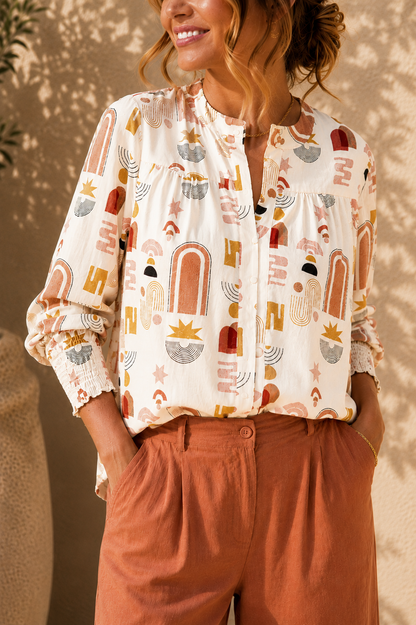 Roxy Shirred Cuff Blouse - Abstract Print