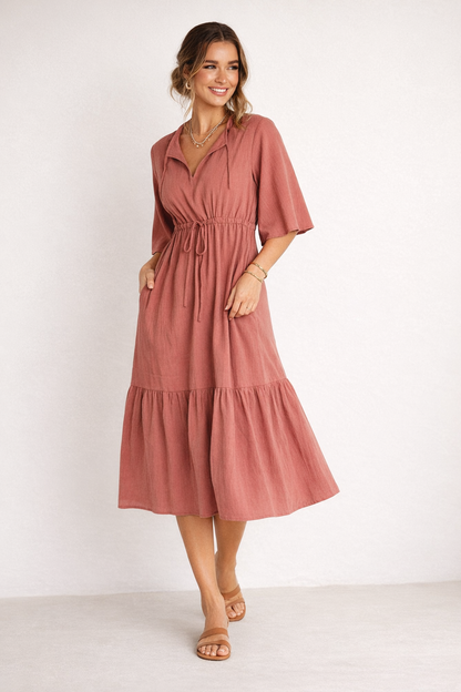 Sonya Midi Tiered Dress - Burnt Rose