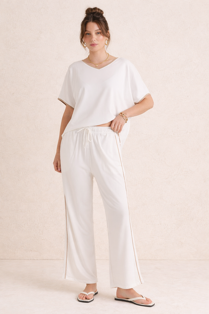 Evelyn Wide Leg Jogger - White/Beige