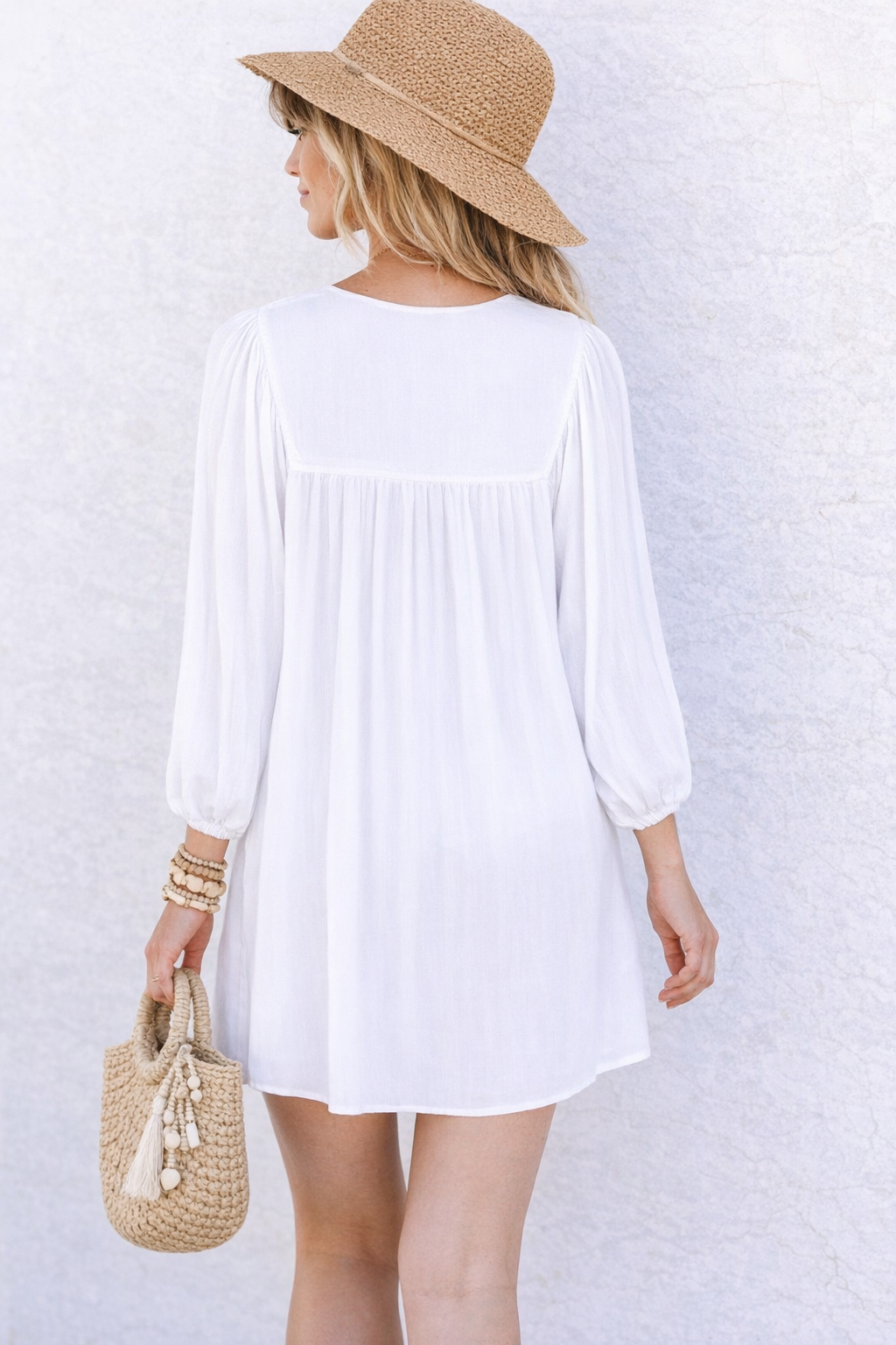 White Boho Mini Dress – Relaxed Fit, Flowy Sleeves, Lightweight Viscose